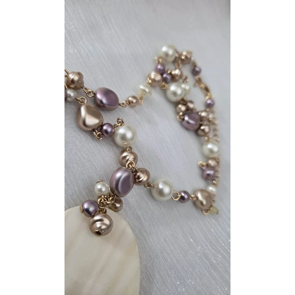 Vintage NRQ Avon Faux Pearl Pastel Gold‎ Tone Chain Shell Pendant Necklace 21